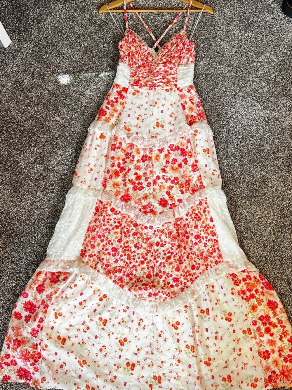 Altar'd State White and Coral Floral Tiered Sundress with Spaghetti Straps